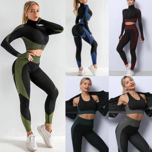 Women Yoga Set Zipper Top Sport Suit Bra Workout Clothes Gym Fitness B1S3 - Picture 1 of 15