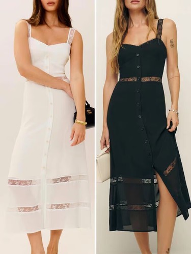 OFF WHITE Abito lungo Reformation pizzo slim spacco gonna vita bretelle cave 2025nuovo