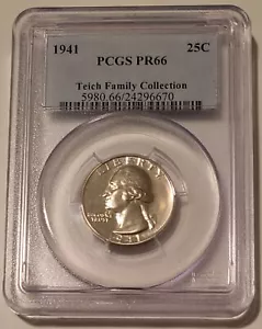 1941 Washington Quarter PR66 PCGS Low Proof Mintage Teich Family Collection - Picture 1 of 2