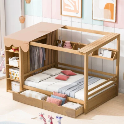 Twin Full Size House Bed with Storage Wardrobe Drawers Wood Loft Bunk Bed Frames - Image 1 of 4