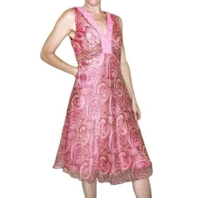 Laundry Silk Chiffon Pink Paisley Dress Sz 0 Y2K Boho Fairy Ruche Crochet Artsy - Image 1 of 4