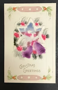Schwer geprägte lila Glocken und Winteransicht Frohe Weihnachten Gruß Postkarte - Bild 1 von 2