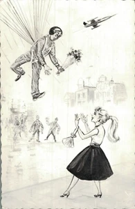 Cómic militar divertido soldado trae flores a su esposa RPPC B56 - Imagen 1 de 2