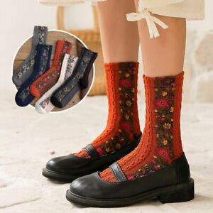 Cotton Socks Embroidered Floral Lace Frill Twist Country Style Preppy Retro