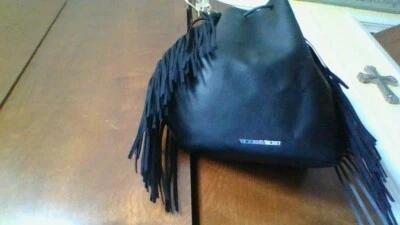 LIMITED EDITION FRINGED FAUX LEATHER TOTE! Victoria's Secret Blk Backpack Purse - Image 1 of 4
