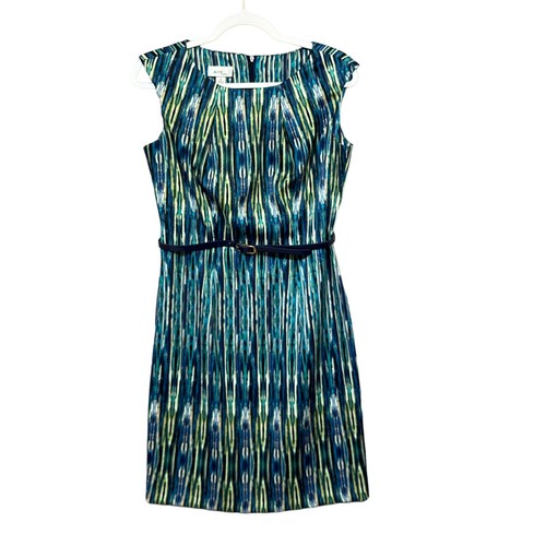 Abito donna Alyx Limited taglia 8 blu verde Ikat senza maniche tubino con cintura