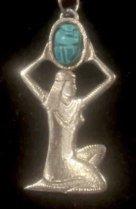 VTG EGYPTIAN REVIVAL STERLING Isis Holding Blue Faience Scarab Pendant NECKLACE - Picture 1 of 9
