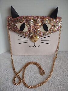Betsey Johnson Crossbody Bag Handbag Purse Sequin Cat Kitty Gold Chain Clutch 
