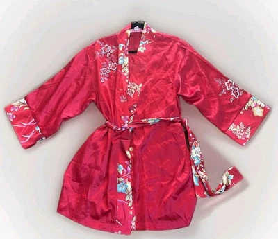 De Colección Oscar de la Renta Bata Mujer Grande Rojo Floral Kimono Satinado Cinturón Rosa Etiqueta Foto 1 de 4