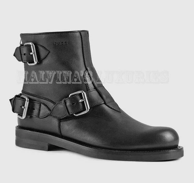 GUCCI ANKLE BOOTS BIKER ROSELL BOOTIES BLACK LEATHER BUCKLES $995 IT 39.5 US 9.5 - Image 1 of 4