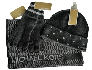 139 $ Michael Kors 3-teiliges Set Schal, Mütze & Handschuhe Derby grau & silber * - Bild 1 von 10