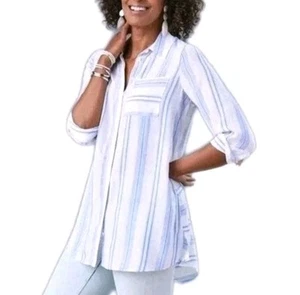 Soft Surrounding Long Tunic Shirt Top Collared Button Down White Blue Viscose 2X - Picture 1 of 7