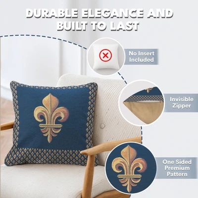 Throw Pillow Cover - Framed Fleur de Lys Blue - Tapestry Cushion 19x19 in New - Image 1 of 4