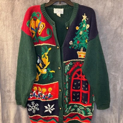 VTG Christmas Ugly Sweater Womens L Cardigan Festive Holiday Tree Snowflakes - Image 1 of 4