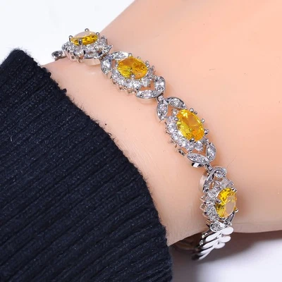 Yellow Sapphire & CZ Simulated 925 Sterling Silver Tennis Bracelet 7.99" B73110 - Image 1 of 4