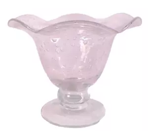 Art Glass Compote Pink Bowl Bubbles Ruffled Clear Foot Blown Vintage Pretty - Picture 1 of 6