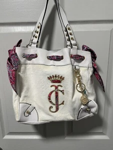 Juicy Couture Daydreamer Tote Bag Purse White Velour Double Bow Logo Charms - Picture 1 of 11