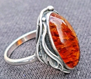 VINTAGE ART DECO BALTIC AMBER Large Ring Sterling Silver 1920s/SIZE"R",5.15g RA2 - Picture 1 of 12