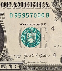 2021 $1 bill fancy serial, zip code note 95957 Meridian, CA - Picture 1 of 3