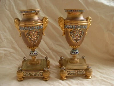 PAIR OF ANTIQUE FRENCH ENAMELED GILT BRONZE CASSOLETTES,LATE 19th CENTURY - Image 1 of 4