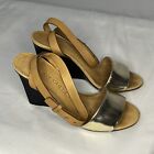 See By Chloe Women's Leather & Wood Wedge Sandals Metallic Gold & Tan 37.5 US7.5