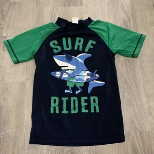 Gymboree Boys Swimwear Top Sz 8 Navy Blue Green Surf Rider Shark Surfboard Beach - Picture 1 of 8