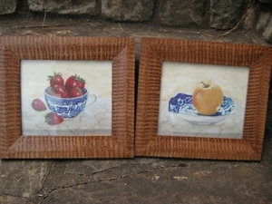 Still Art Wooden FRUIT Strawberries and Apple Kitchen Framed 9 X 11 inches - Picture 1 of 5
