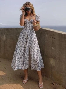 Dress Summer Fashion White Elegant Ladies Backless Clothes Puff Sleeve Floral - Picture 1 of 2