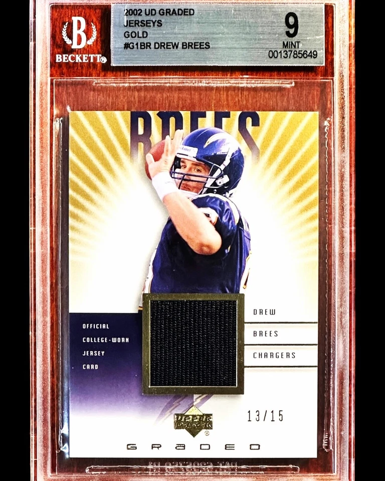 Drew Brees - 2002 Upper Deck UD Graded GAME-USED Jersey GOLD /15 - BGS 9 - Pop 2 - Image 1 of 4