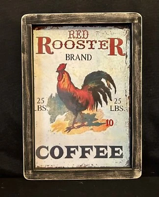 Primitive Country Print *RED ROOSTER FARM STAND* handmade frame 9 " x 12" - Image 1 of 3