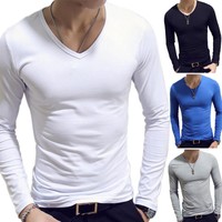 Men's V Neck Long Sleeve T-Shirt Slim Fit Casual Solid Color Basic Tee Shirts