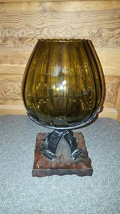Vintage Mid Century Gothic Olive Green Glass Vase with Metal and Wood Base - Picture 1 of 4