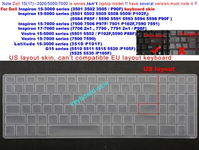 US Keyboard Skin Cover for Dell Inspiron 15-5505 15-5502 15-7506 15-7501 17-7706 - Image 1 of 4