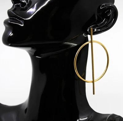 Large Hoop Circle Bar Earrings Modern Geometric in 18k Solid Yellow Gold - Image 1 of 4