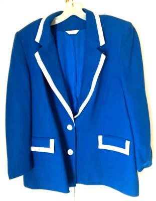 Bleyle Mujer Traje Chaqueta Azul Blanco Borde Dos Bolsillos Manga Larga Botón EE. UU. 16 Foto 1 de 4