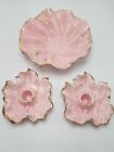 Frazier 3 Pc California Pottery Pink Leaf Candle Holder & Bow Set Gold Trim Rare