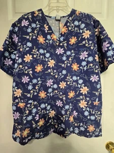 Barco Scrub Top size M-Navy/Pastel Floral V-Neck-Chest 24"/L 28" - Picture 1 of 5