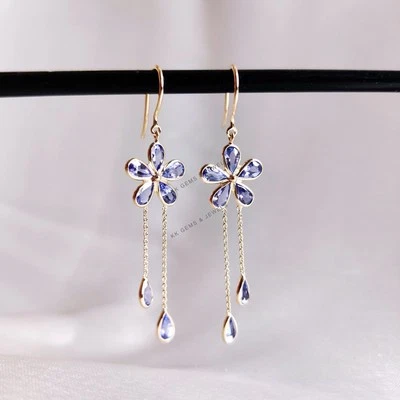 Pendientes de tanzanita natural de 2,74 quilates de oro de 14 quilates delicada flor piedra de nacimiento de diciembre Foto 1 de 4