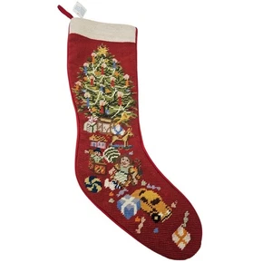 Deadstock Vintage 80s Needlepoint Christmas Stocking Tree Traditional Wool Red  - Picture 1 of 6