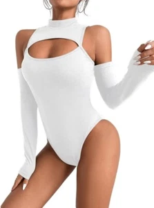 Womens Sexy Long Sleeve Cut Out Bodysuit Turtleneck High Cut Body Suit Size - S - Picture 1 of 6
