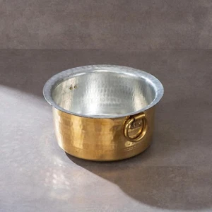 Brass Patila Vessel For Cooking (3 Litres) Heavy Bottom Hammered Handi Golden - Picture 1 of 4