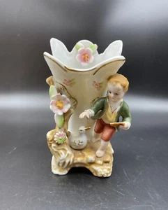 Vintage Ucagco Ceramics Japan Boy Feeding Duck Floral w/Gold Details Vase 5.5" - Picture 1 of 9