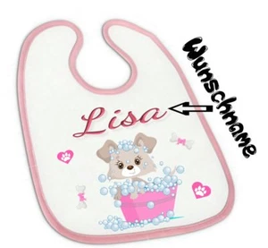 Baby Lätzchen mit Wunsch-Name süßer Hund für Mädchen in rosa - Bild 1 von 1