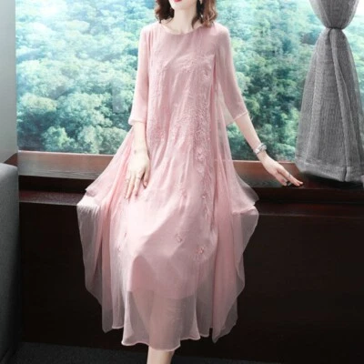 Lady Floral Embroidery Cheongsam Midi Dress Chiffon Ethnic Qipao Half Sleeve - Image 1 of 4