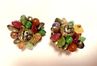 Vintage Clip Earrings Colorful Cluster Stone Metal Beads Round Stud Base