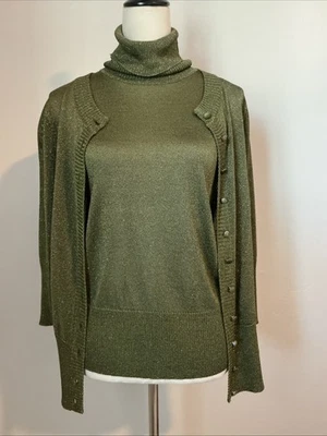 Zara Olive Green Metallic Set Sleeveless Turtleneck 3/4 Sleeve Cardigan Large - Image 1 of 4