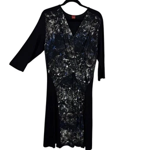 Vestido Olsen Imitación Envolvente Talla XL Negro Multicolor Cuello en V Mangas 3/4 Hasta la Rodilla - Imagen 1 de 8