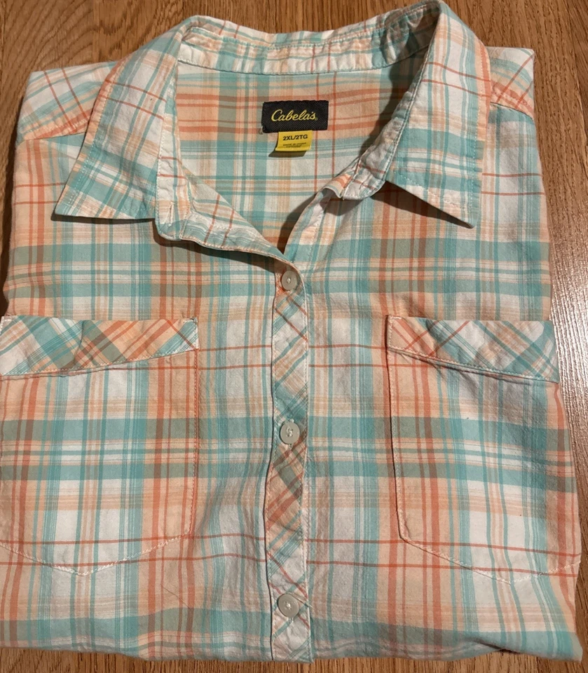 Camisa Cabela's para mujer talla 2XL verde azulado/rosa a cuadros manga corta bolsillos abotonados Foto 1 de 4