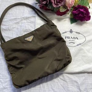 PRADA Green Khaki Nylon Tote Handbag Triangle Logo Vintage Style USED 1125O - Picture 1 of 16