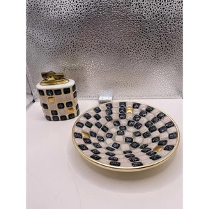 Vtg Mid Century Penguin Japan Mosaic Lighter and Ashtray Set Black White Gold - Picture 1 of 15